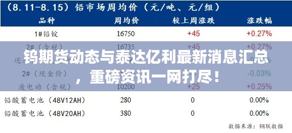 钨期货动态与泰达亿利最新消息汇总,重磅资讯一网打尽!